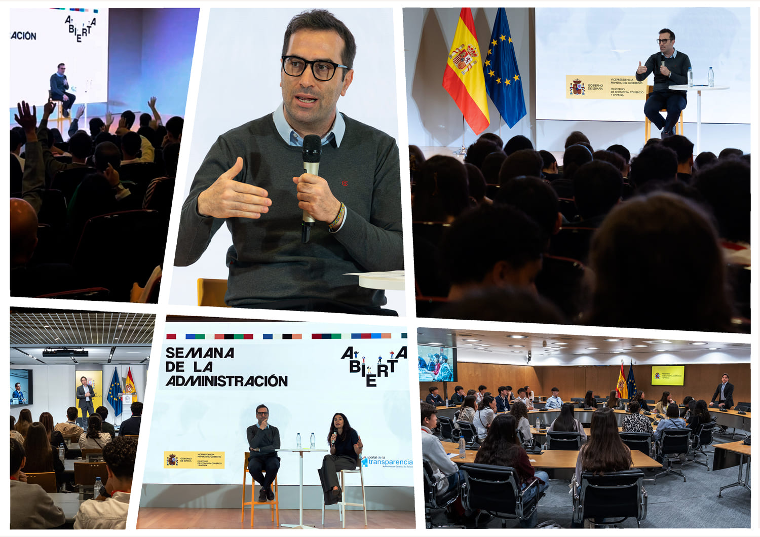 Collage de fotografías de la Semana de la Administración Abierta, organizada por el Gobierno de España, con el Vicepresidente Carlos Cuerpo como ponente durante la visita de estudiantes